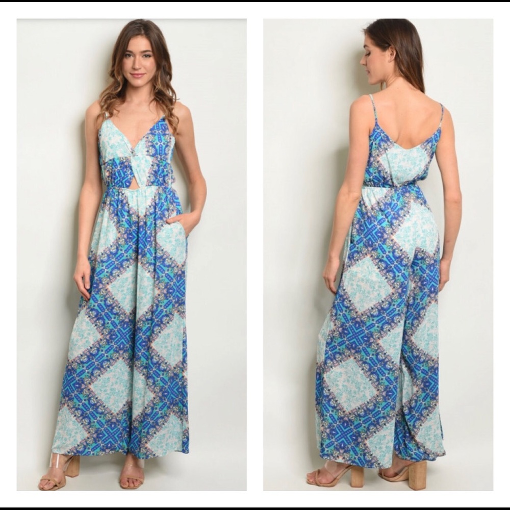 PALED TURQUOISE & ROYAL BLUE PRINT JUMPSUIT - Picture 6 of 6